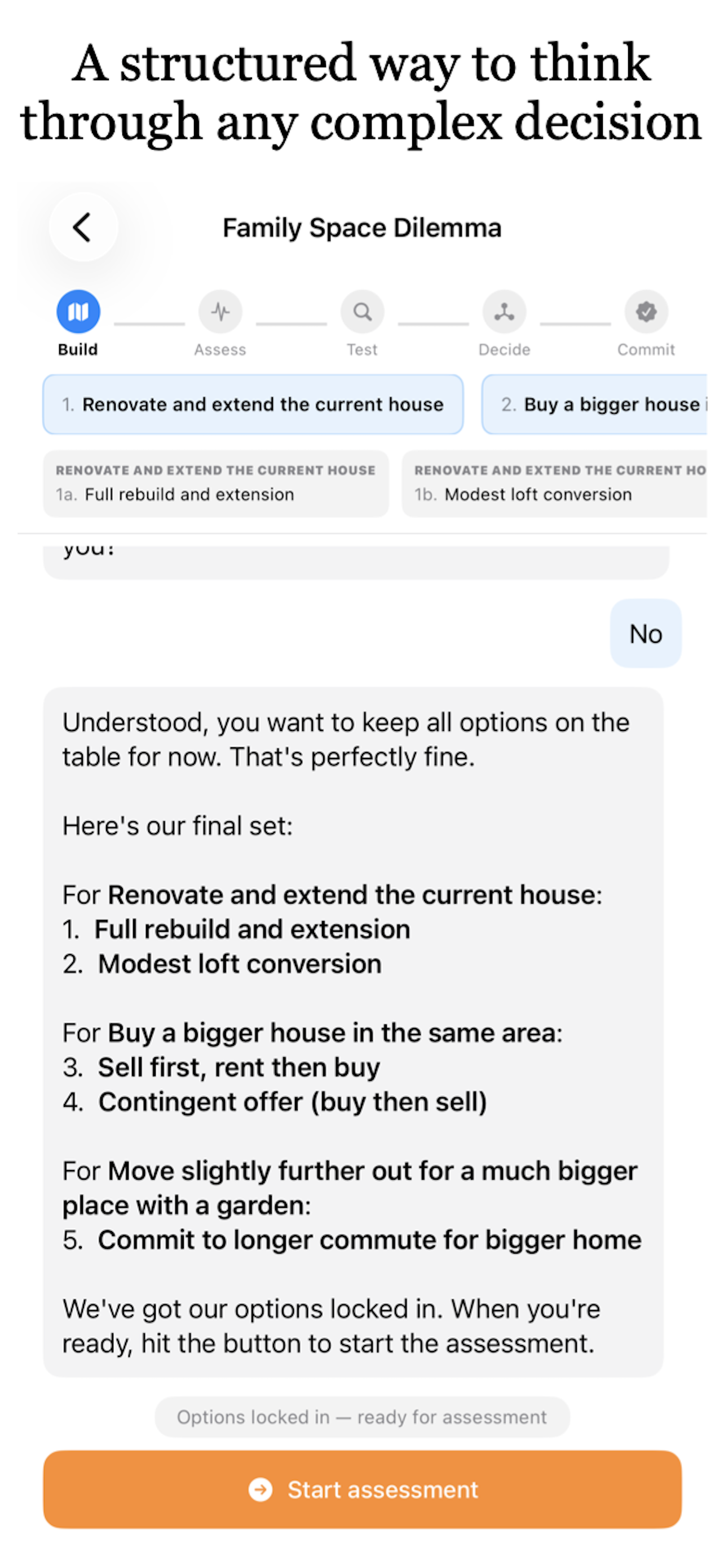 Build stage — mapping your decision options in Crux